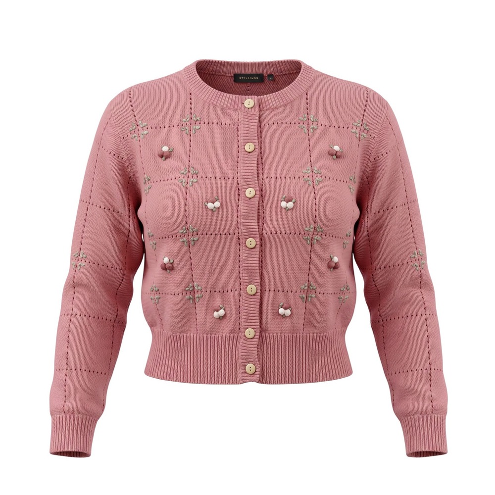 Vintage Pink Floral Embroidered Wool Blend Cardigan Women's Pearl Buttons
